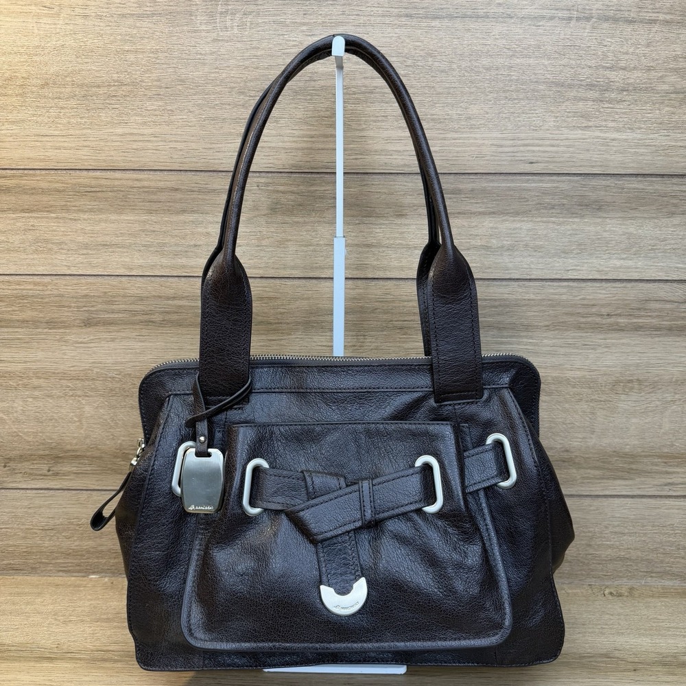 B. Makowsky Dark Brown Pebbled Leather Satchel Shoulder Bag Silver Buckle Pocket
